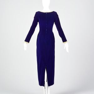 XS 1970s Maxi Dress Purple Velvet with Gold Trim Long Sleeve Evening Dress - Fashionconservatory.com