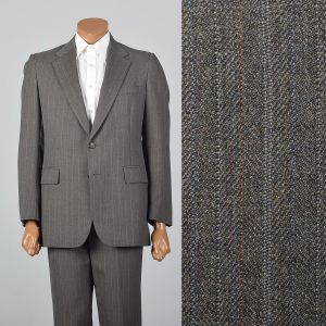Medium 1960s 38R Brown Stripe Suit Convertible Pocket Single Vent Jacket Flat Front Straight Pants