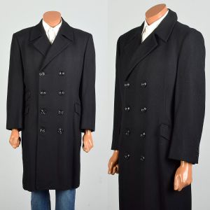 1960s Black Tweed Herringbone Double Breasted Coat Medium