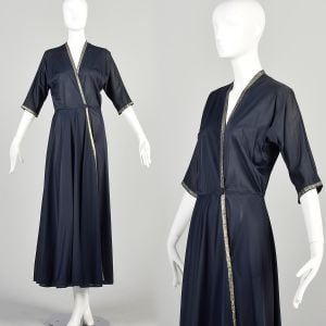 XS 1950s Navy Blue Robe Gold Trim Silky Nylon Wrap Peignoir House Coat Lightweight Dressing Gown 