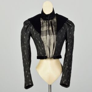 XS 1880s Wool Bodice Victorian Black Silk Long Sleeve