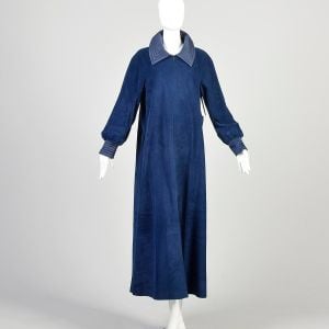 L-XL-XXL 1970s Navy Blue Robe Cozy Soft Fleece Velour Long Sleeve Zip Front Vanity Fair Housecoat