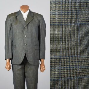 Medium 1960s 39S Green Plaid Suit Three Button Convertible Pockets Double Vent Flat Front Pants