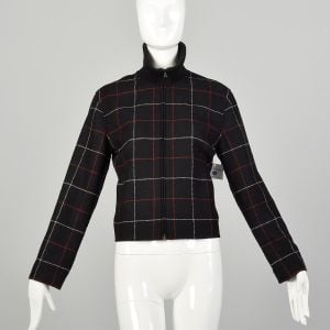 Medium 1990s Talbots Sweater Black Windowpane Plaid Ribbed Knit Boxy Jacket