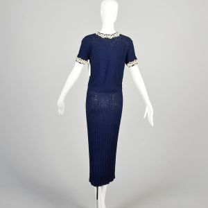 XS-S 1930s Navy Blue Knit Dress Short Sleeve Scoop Neck Ivory Embroidered Trim Casual Day Dress  - Fashionconservatory.com