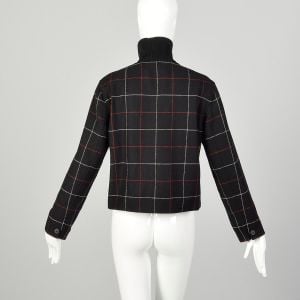 Medium 1990s Talbots Sweater Black Windowpane Plaid Ribbed Knit Boxy Jacket - Fashionconservatory.com