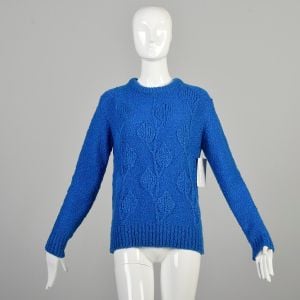 M-L 1980s Royal Blue Sweater Chunky Knit Leaf Foliage Rib Knit Winter Cozy Pullover Sweater 