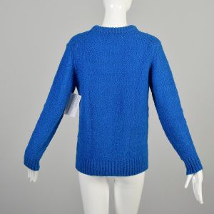 M-L 1980s Royal Blue Sweater Chunky Knit Leaf Foliage Rib Knit Winter Cozy Pullover Sweater  - Fashionconservatory.com