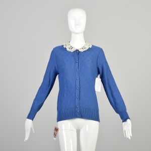 Sm-M 1980s Blue Sweater Cardigan Argyle Knit Cotton Lace Peter Pan Collar Long Sleeve 