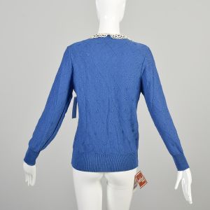 Sm-M 1980s Blue Sweater Cardigan Argyle Knit Cotton Lace Peter Pan Collar Long Sleeve  - Fashionconservatory.com