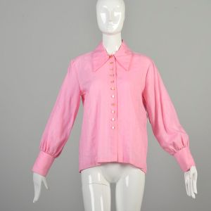 Large 1970s Pink Seersucker Blouse Bishop Sleeve Wing Collar Bubblegum Button Down Hippie Shirt 