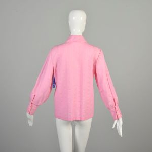Large 1970s Pink Seersucker Blouse Bishop Sleeve Wing Collar Bubblegum Button Down Hippie Shirt  - Fashionconservatory.com