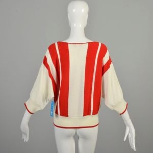 L-XL-XXL 1980s White Red Knit Sweater Striped Batwing Dolman Sleeve Casual Cozy Oversized Pullover  - Fashionconservatory.com