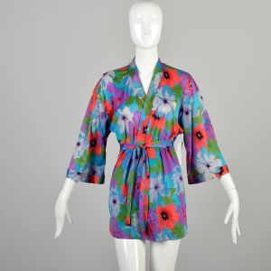 OSFM 1980s Wrap Robe Floral Red Blue Purple Green Silky Waist Tie Coverup Housecoat