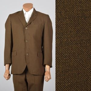 Medium 1960s 39L Mens Brown 2pc Suit Convertible Pockets 3 Roll 2 Single Vent Tapered Pants