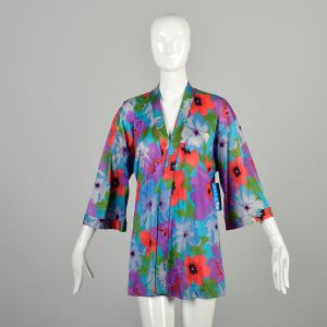 OSFM 1980s Wrap Robe Floral Red Blue Purple Green Silky Waist Tie Coverup Housecoat - Fashionconservatory.com