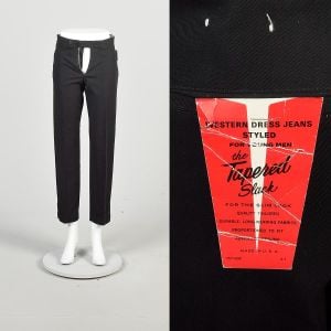 XXS 1960s Deadstock Black Gabardine Tapered Slim Leg Flat Front Pants