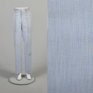 Small 1960s Deadstock Blue and White Striped Tapered Leg Cuffed Pants