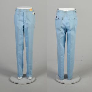 XS Deadstock 1950s Baby Blue Striped Cotton Coolcord Side Belt Workwear Hollywood Waist Pants 