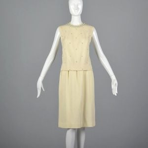 Large 1960s Cream Wool Knit Skirt Set Boxy Sleeveless Top Rhinestone Pear Beading