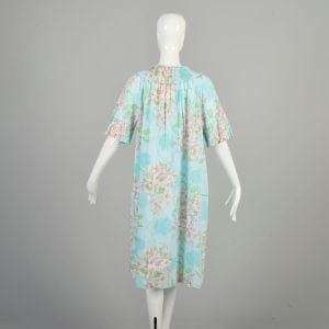 L-XL-XXL 1970s Floral Housecoat Pastel Blue Pink Crystal Pleated Collar Cuffs Half Sleeve Robe  - Fashionconservatory.com