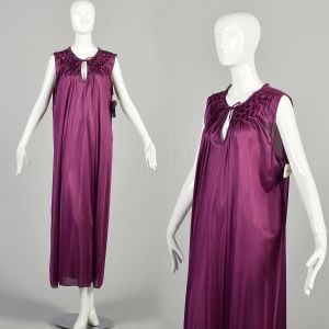 L-XXXL 1980s Plum Purple Nightgown Enkalure Nylon Keyhole Bust Robe Silky Lingerie Kayser Deadstock 