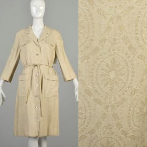L-XL 1960s Vera Maxwell Coat Dress Beige Ivory Tan Floral Brocade Knee Length Rope Belt Patch Pocket