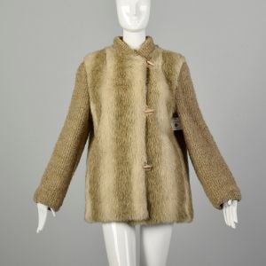 Medium 1970s Faux Fur Knit Winter Coat Knit Sleeves Collar Autumn Outerwear