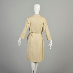 L-XL 1960s Vera Maxwell Coat Dress Beige Ivory Tan Floral Brocade Knee Length Rope Belt Patch Pocket - Fashionconservatory.com