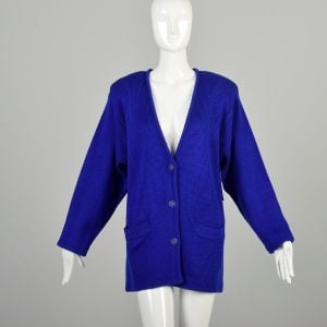 L-XL 1980s Royal Blue Cardigan V Neck Long Sleeve Pockets Oversized Cozy Knit Winter Sweater 