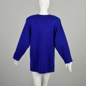 L-XL 1980s Royal Blue Cardigan V Neck Long Sleeve Pockets Oversized Cozy Knit Winter Sweater  - Fashionconservatory.com