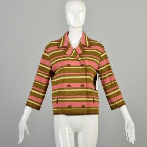 L-XL 1960s Wool Knit Blazer Striped Pink Brown Yellow Bracelet Sleeve Double Breasted Made in Italy 