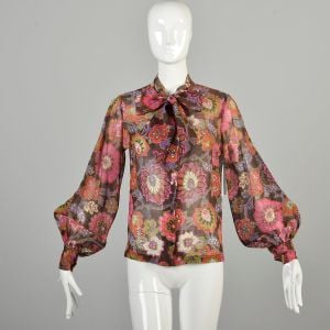 Large 1970s Floral Blouse Semi Sheer Brown Pink Bishop Sleeve Pussy Bow Collar Button Front Shirt 