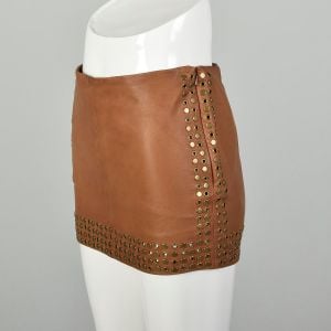  XS 2010s Studded Leather Mini Skirt Haute Hippie Brown Leather Heavy Studs Grommets Eyelets - Fashionconservatory.com