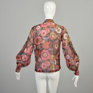 Large 1970s Floral Blouse Semi Sheer Brown Pink Bishop Sleeve Pussy Bow Collar Button Front Shirt  - Fashionconservatory.com