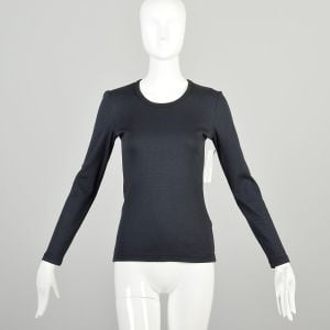 XXS-XS 1990s Calvin Klein Shirt Black Jersey Knit Long Sleeve Scoop Neck Tight Layering Classic 