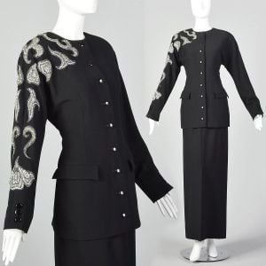 Small 1980s Miguel Cruz Two Piece Skirt Suit Women's Wool Beaded Blazer