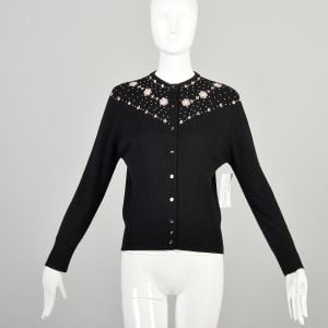 S-M 1950s Black Cardigan Soft Knit Acrylic Long Sleeve Pink Sequin Beaded Flower Sweater