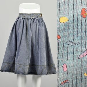 Small 1980s Neomax Skirt Denim Blue Jean Knee Length Zig Zag Border Peter Max Signature Full Skirt 