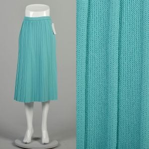 XL 1980s Aqua Blue Skirt Ribbed Knit Pleated Elastic Waist Midi Tea Length Turquoise Casual Skirt 