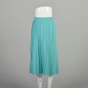 XL 1980s Aqua Blue Skirt Ribbed Knit Pleated Elastic Waist Midi Tea Length Turquoise Casual Skirt  - Fashionconservatory.com