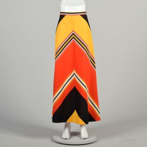 Large 1970s Chevron Skirt Yellow Red Black Polyester Knit A line Colorful Mod Maxi Skirt 