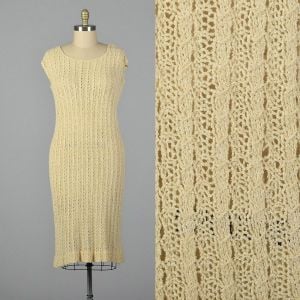 XL 1920s Cream Cable Knit Dress Short Sleeve Casual Day Wear Pull Over Art Deco 