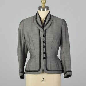 XS 1950s Bonwit Teller Gray Fitted Blazer Black Trim Fitted Jacket Hourglass Pin Up 