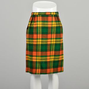  XS 1960s Orange, Yellow and Green Plaid Skirt Knee Length with Matching Belt Mod Style
