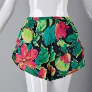 Small Black Dolphin Shorts 1980s Pink and Green Tropical Floral Print