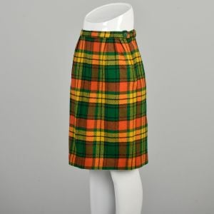  XS 1960s Orange, Yellow and Green Plaid Skirt Knee Length with Matching Belt Mod Style - Fashionconservatory.com