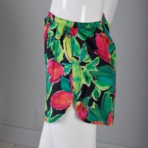 Small Black Dolphin Shorts 1980s Pink and Green Tropical Floral Print - Fashionconservatory.com