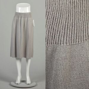 M-L 1980s Grey Knit Skirt High Wide Waistband Casual Knee Length Solid Sweater Skirt 