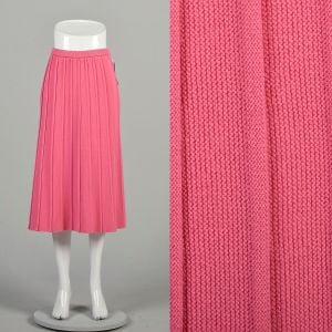 XL 1980s Pink Skirt Ribbed Knit Pleats Midi Tea Length Elastic Waist Casual Skirt 